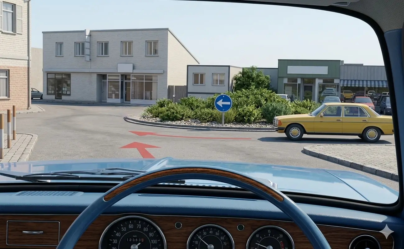 Driver's view approaching a roundabout with a yellow car entering from the right